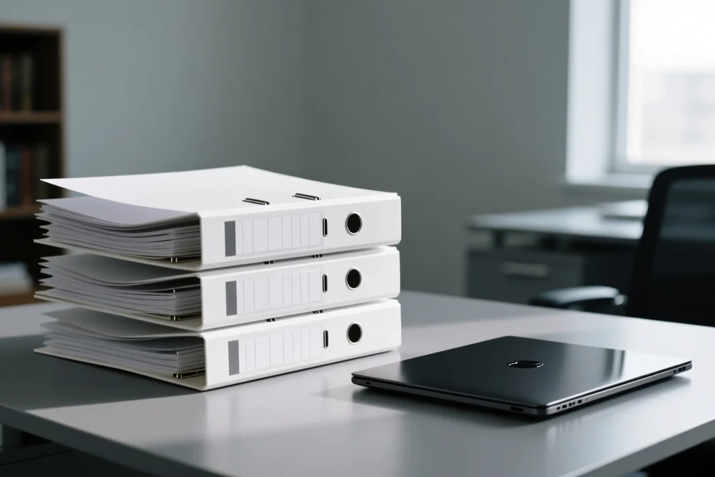 Blank document folders with tabbed dividers on a grey office desk
