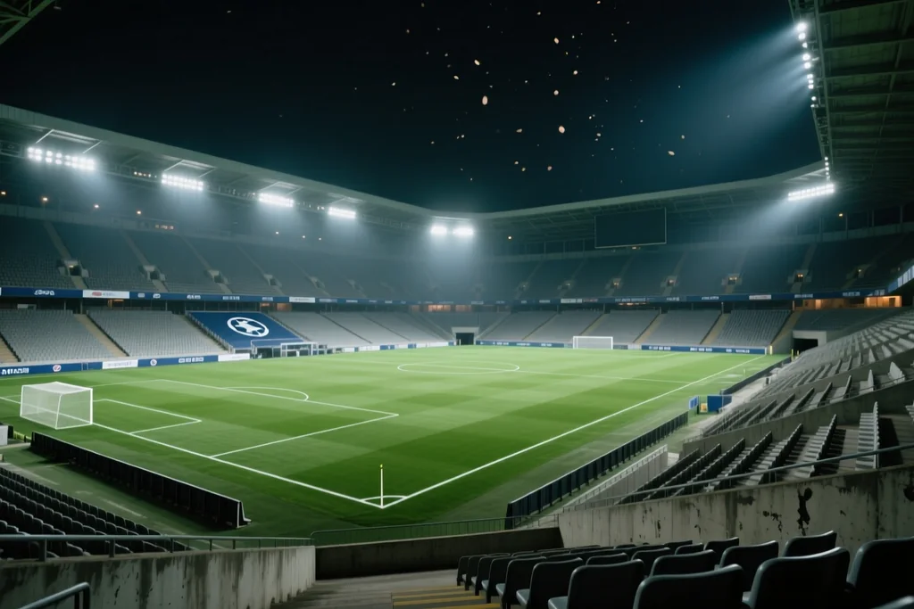 A floodlit European stadium interior with the pitch empty and the stands dark