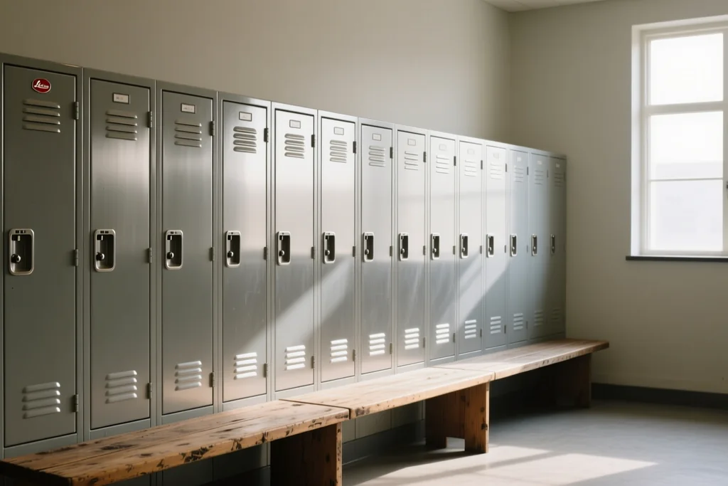 Empty metal lockers along a plain changing room wall with a wooden bench beneath