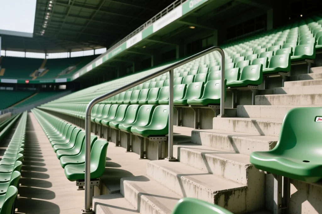 Rows of empty green seats in a lower stadium tier with a concrete stepway