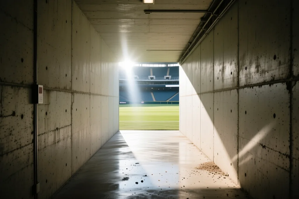 A stadium tunnel interior leading toward bright pitch light with plain concrete walls