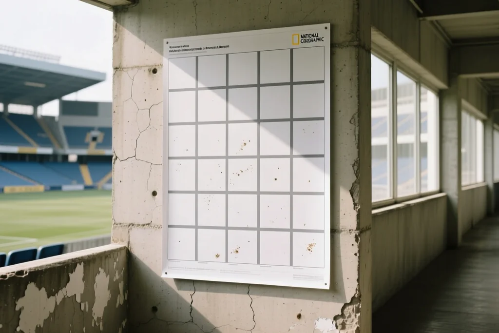 A blank printed wall chart grid with connecting lines on a stadium corridor wall