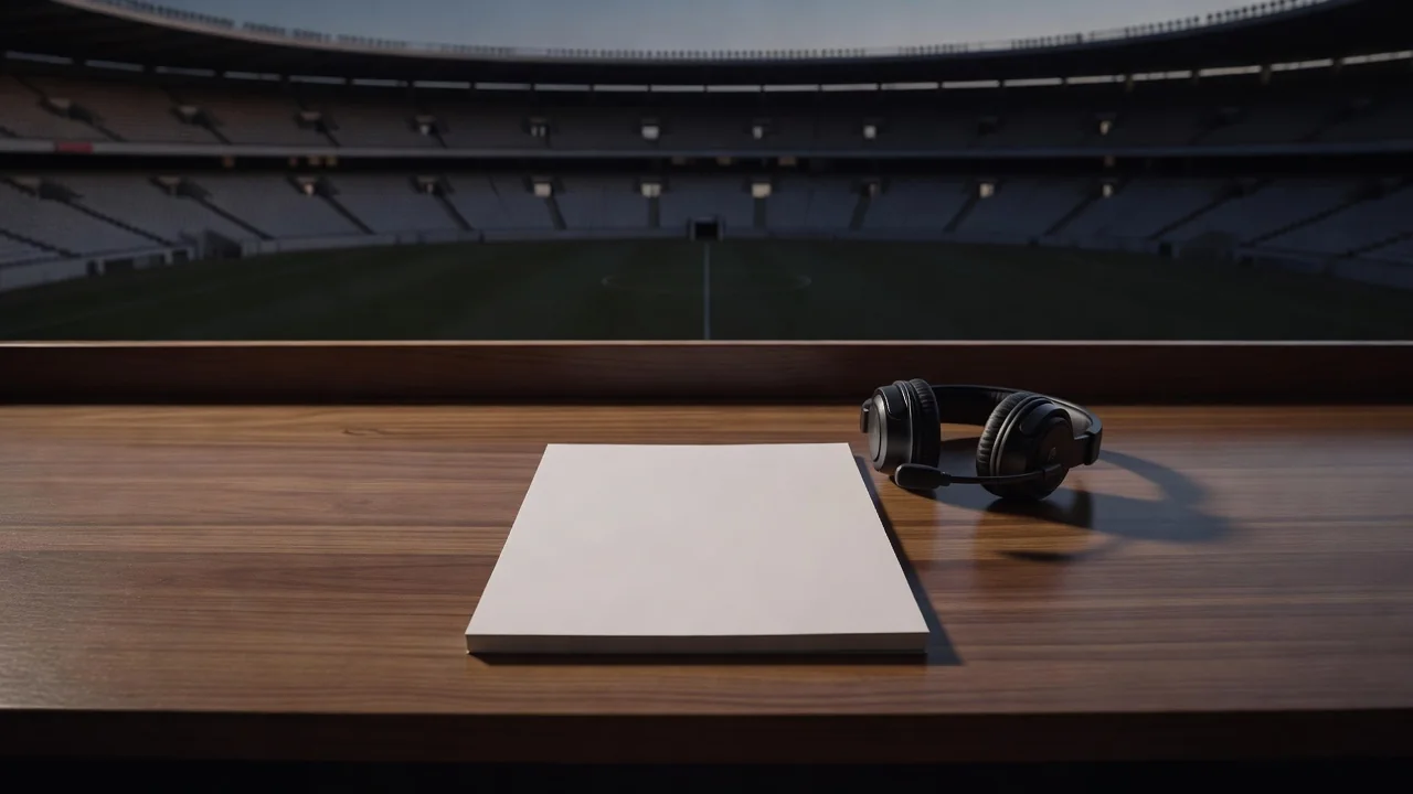 A plain timing device with a blank face on a stadium operations desk beside a radio