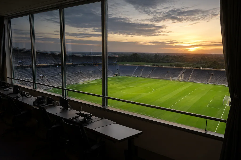 A stadium press box window looking down on an empty green pitch at twilight