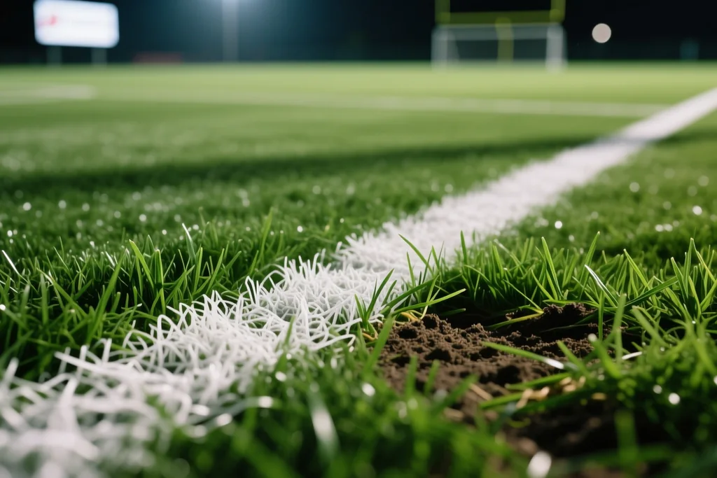 Closely cropped green pitch grass with a white touchline stripe under evening floodlights