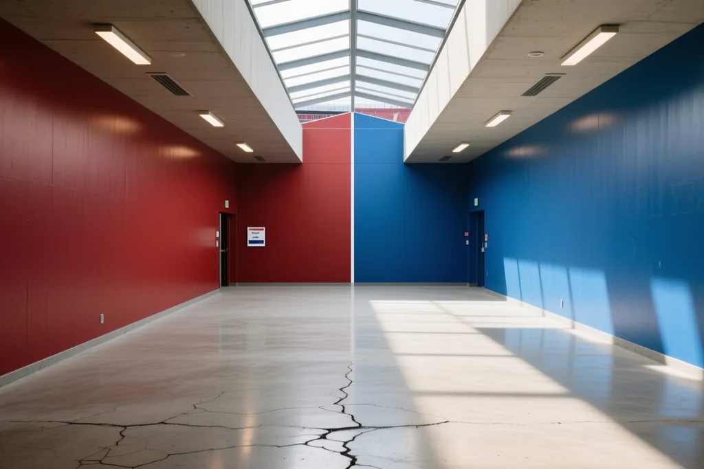 An empty stadium concourse with plain painted walls in two contrasting club colours