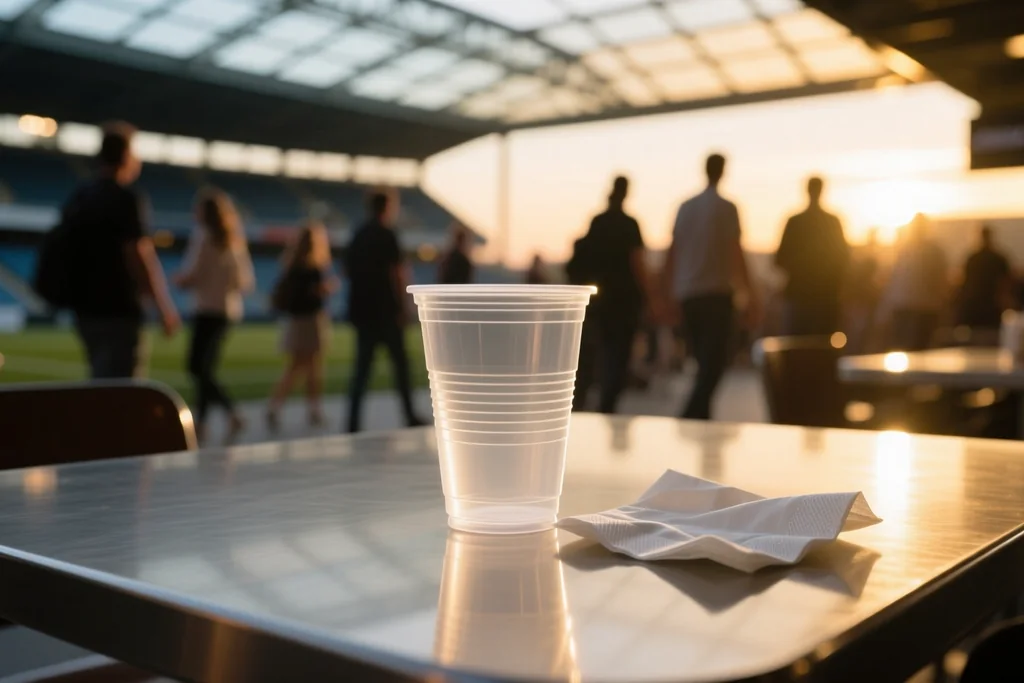 A plastic stadium cup and a paper napkin on a concourse table with a crowd blurred behind