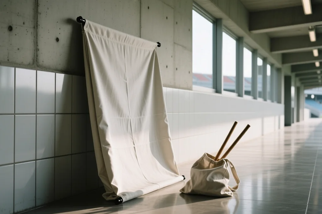 A folded plain two-pole banner leaning against a stadium concourse wall with a cloth bag of poles