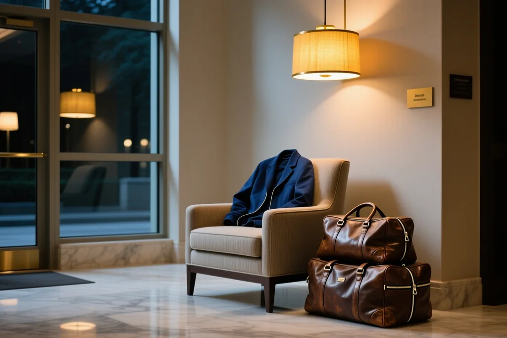 A plain hotel lobby seating area at night with travel bags on a chair