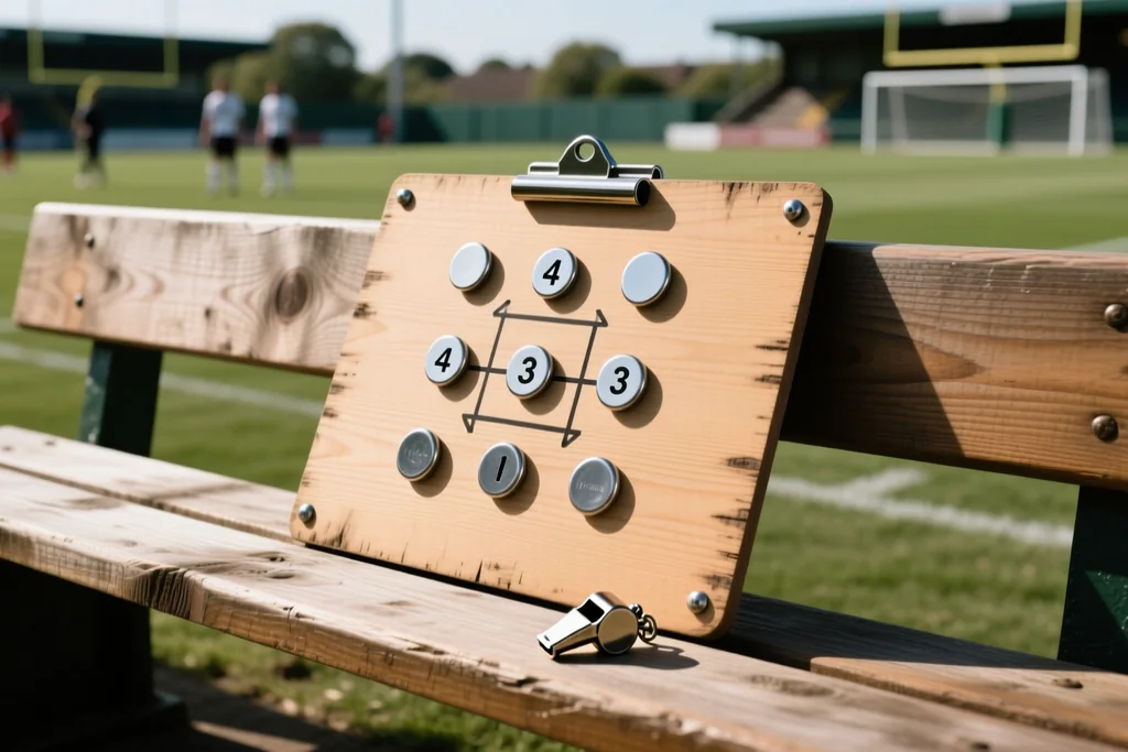 A tactics board with magnetic discs arranged in a 4-3-3 on a bench at pitchside