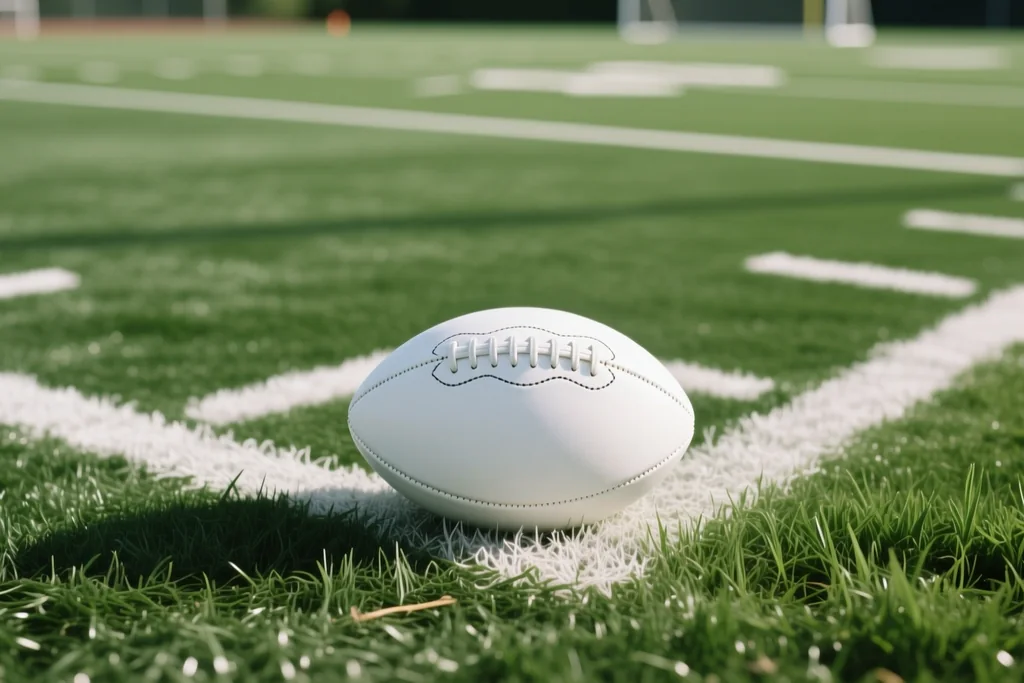 A plain football resting on the corner arc of a green pitch with the penalty area behind