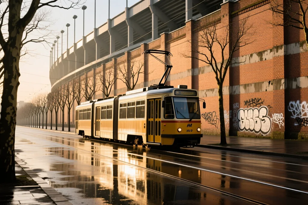 European city tram passing a brick stadium wall in daylight