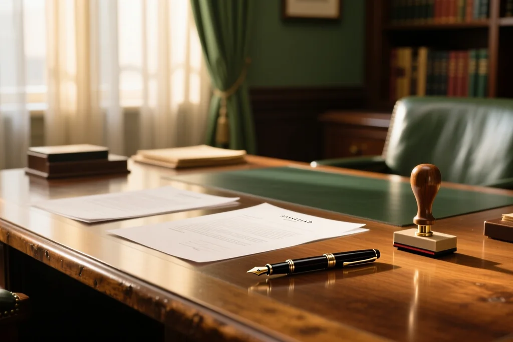 Desk with unsigned contract pages, a pen and a stamp