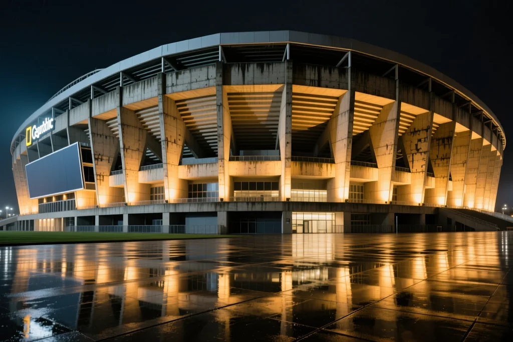 European stadium exterior at night with a lit facade