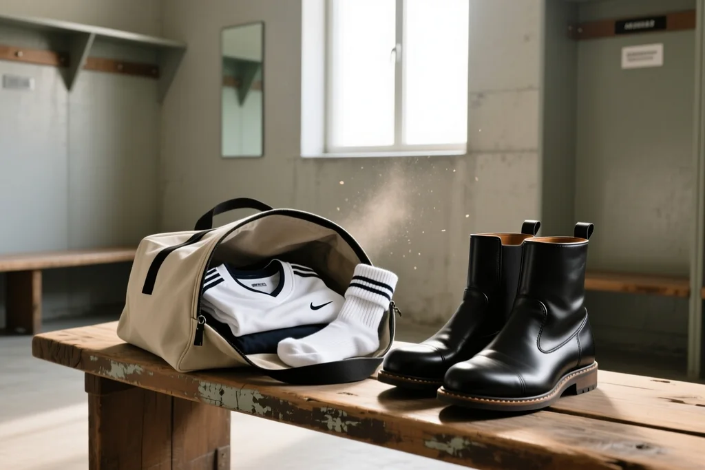 Gym bag and boots on a bench in an empty changing room