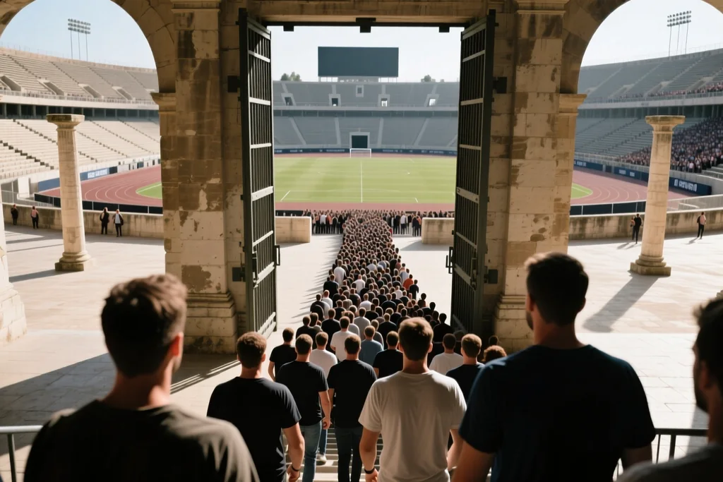 Gates opening at a stadium with supporters entering below