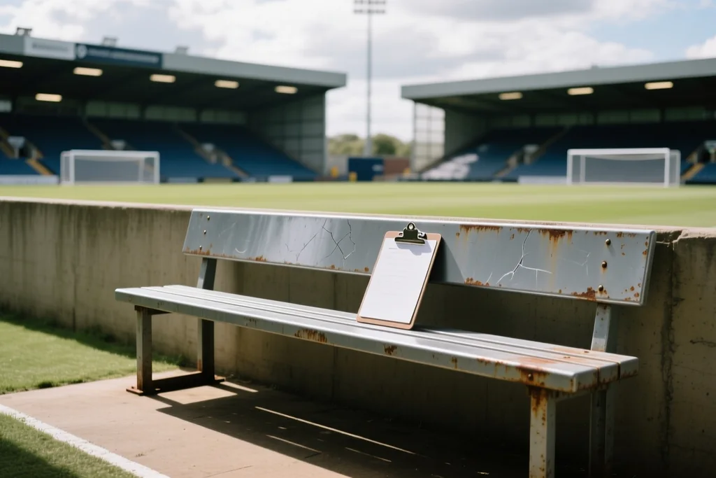 Match officials board and clipboard at the edge of a floodlit pitch