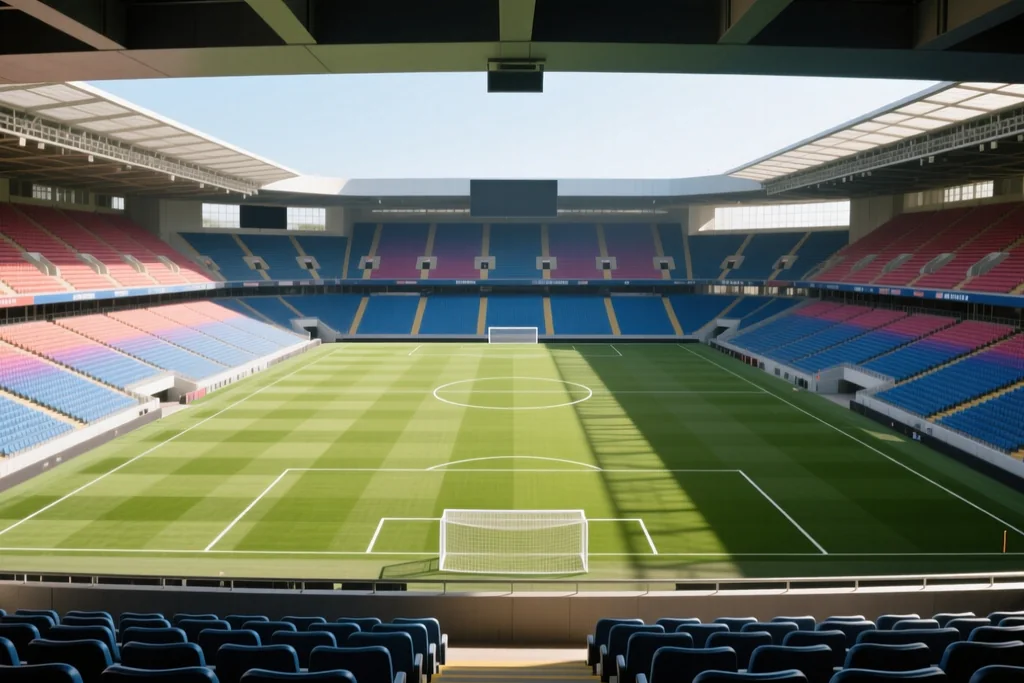 Empty modern soccer stadium bowl photographed from the upper deck