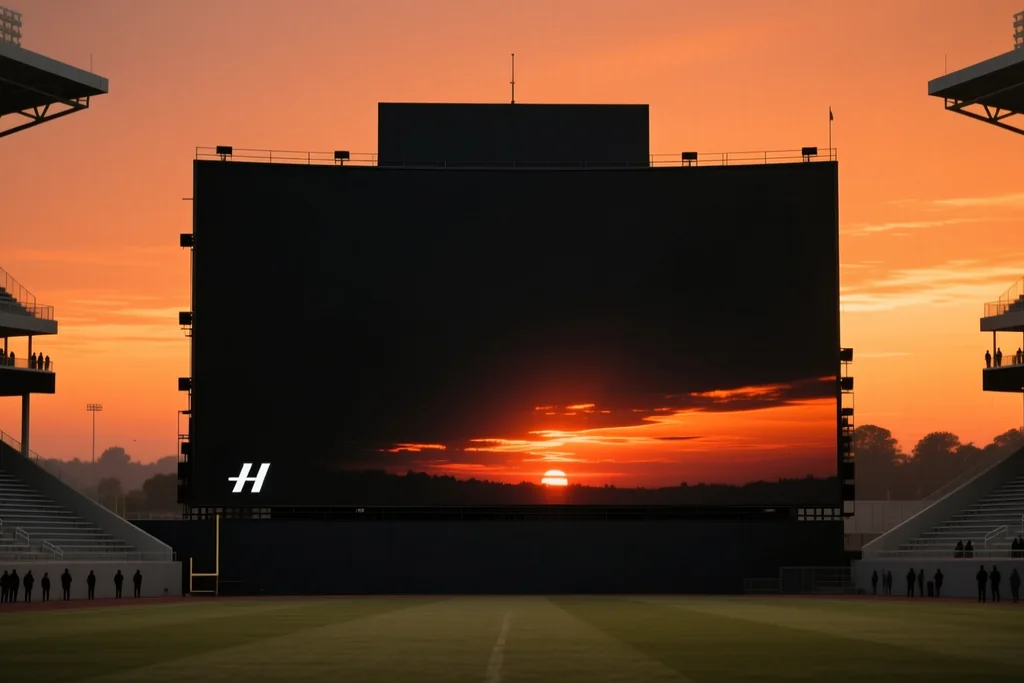 Stadium scoreboard structure against a sunset sky
