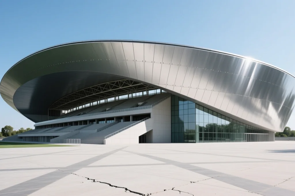 Soccer-specific stadium exterior with a curved roof in daylight