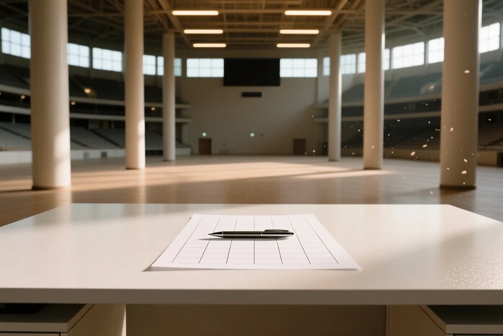 Press room table with blank standings printouts and a pen