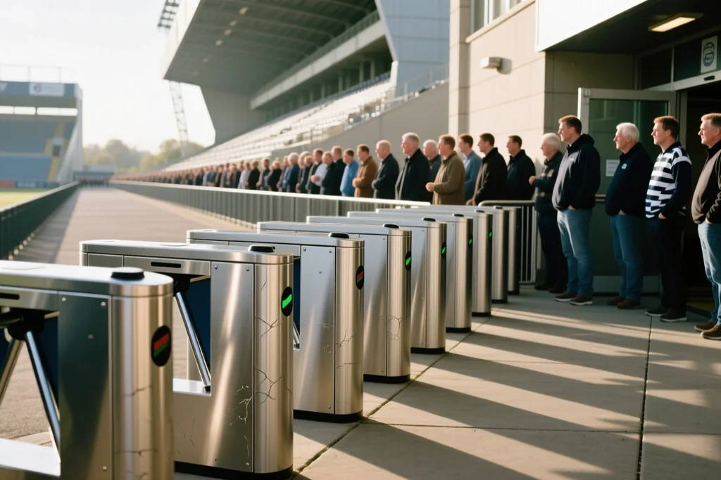 Stadium entrance turnstiles with a queue forming outside
