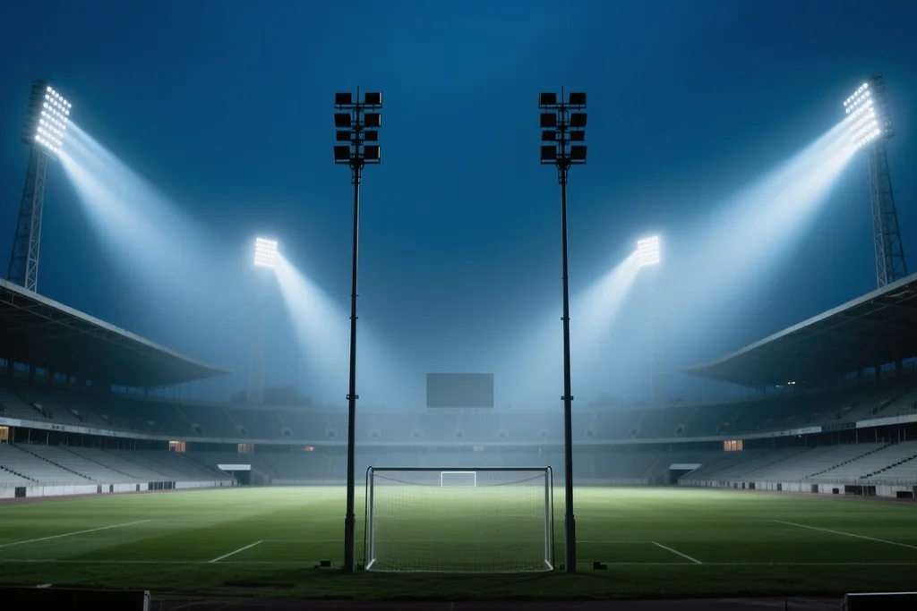 Floodlight towers above an empty stadium at night