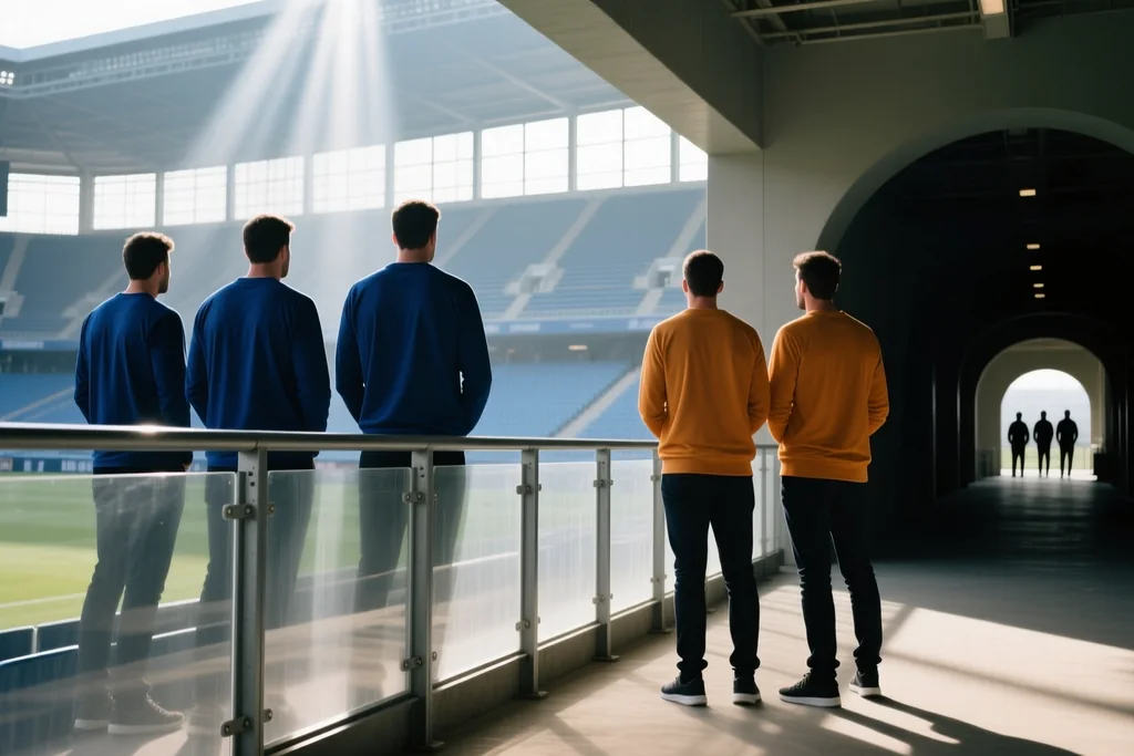 Two sets of supporters separated by a concourse barrier at a stadium