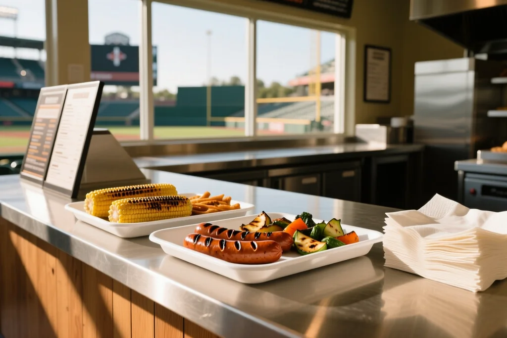 Stadium concession counter with trays of food under warm lights