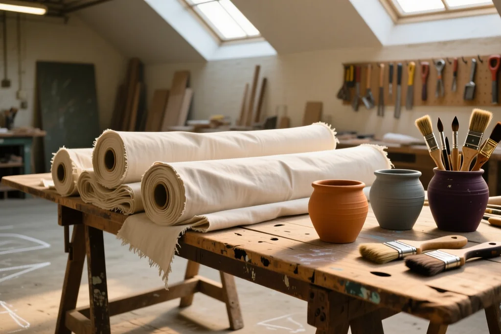 Rolled banner fabric and paint pots in a supporter workshop