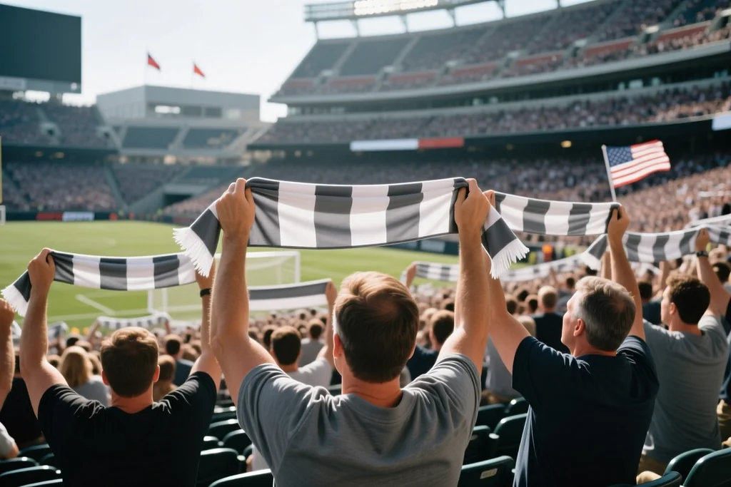 Supporters section of an American stadium with scarves raised