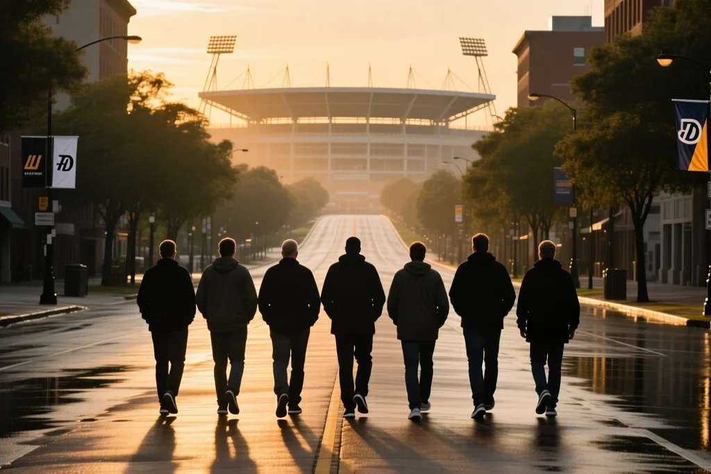 Supporters walking toward a stadium in a foreign city at dusk