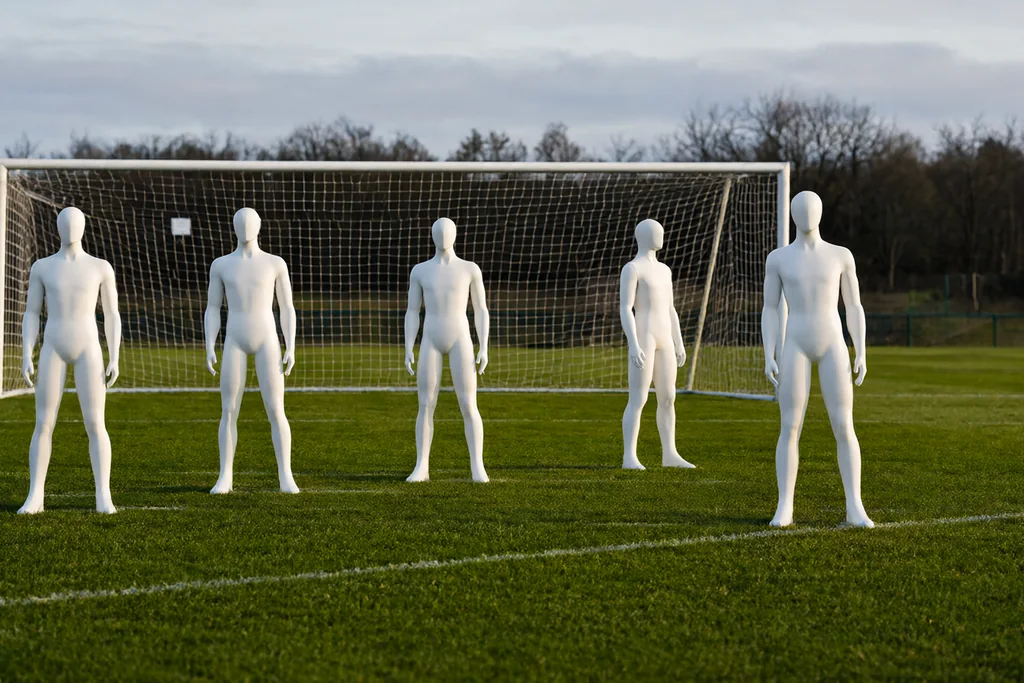 Defensive drill with mannequins and a goal net in evening light