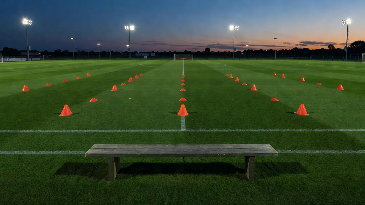 Training cones laid out in a passing pattern on a floodlit pitch at dusk