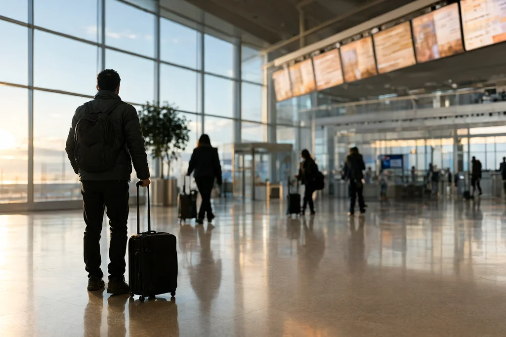 Airport departure board blurred above a concourse with travel bags
